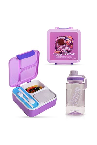 NovaKids 3 Compartment Bento Lunch Box w/ Water Bottle, Spoon&Fork Set & Stainless Steel Jar-Astronaut Purple