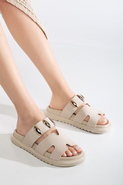 Tonny Black Women's Beige Banded Buckle Detailed Design Slippers