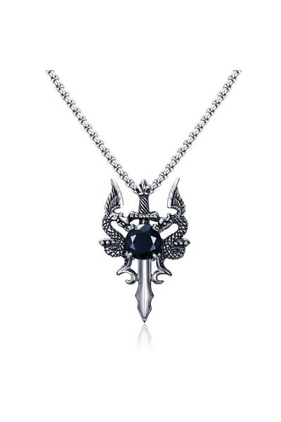 Tessero Cubic Chain Necklace with Sword Pendant, Black Zirconia Stone, Silver-Plated, Tessero