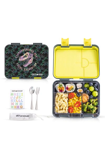 Eazy Kids 6&4 Convertible Bento Lunch Box w/ Water Bottle, Steel Spoon&Fork Set & Name Sticker-T-Rex dino Gray