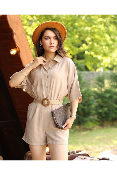 PNR WOMAN Shirt Collar Button Front Belted Modal Fabric Jumpsuit with Shorts