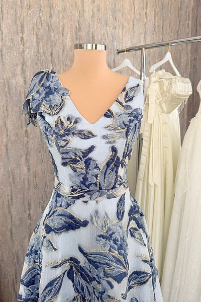 Lenta Moda Blue Patterned V Neck Maxi Length Evening Dress and Evening Gown