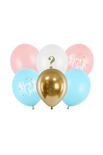 ideal STORE Set 6 baloane BOY or GIRL Mix Party IdealStore, Dimensiune 30 cm, Baloane Albastre, Roz si aurii din