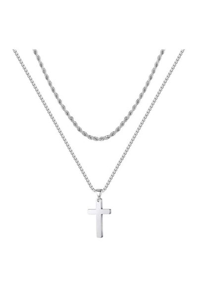 Tessero Set doua lantisoare model Rope Chain si design cubic cu pandantiv in forma de cruce, otel inoxidabil
