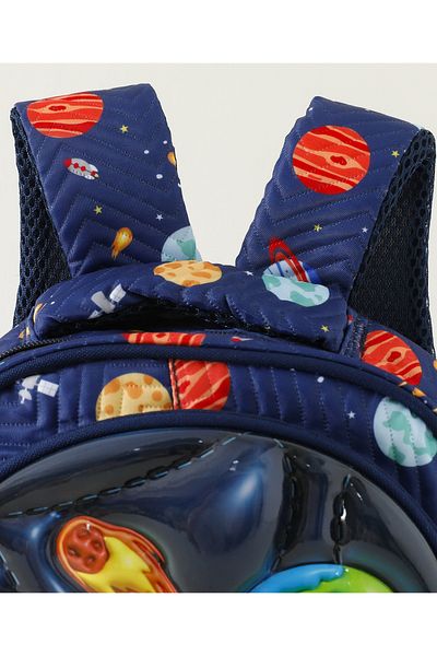 Fab N Funky حقيبة ظهر مطبوعة برسومات الفضاء والديناصورات، بحزام كتف قابل للتعديل، وسحاب إغلاق، باللون الأزرق - 12 بوصة