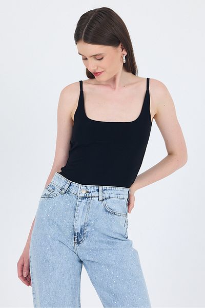 Rays Black Thin Strap Snap Fastener Bodysuit 13255
