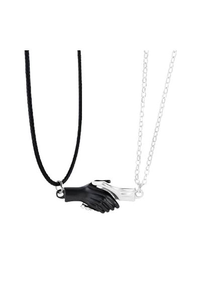 xUPING Set de două coliere cu pandantiv magnetic „strângere de mână” pentru cupluri, prieteni, negru și argintiu