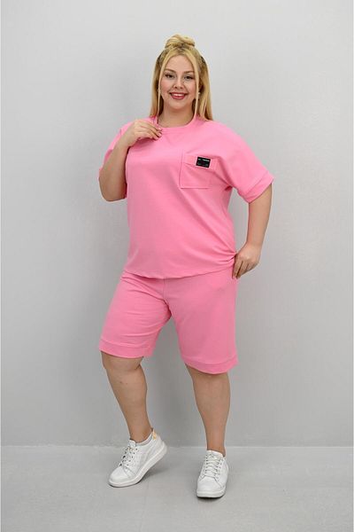 Koza Butik Women's Plus Size Short Sleeve Pocket Detailed Shorts Set 8209-25