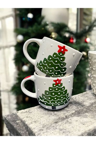 BB TRADE Handmade Christmas Themed Hand Painted Pine Tree Patterned Gift Set of 2 Ceramic Mugs
