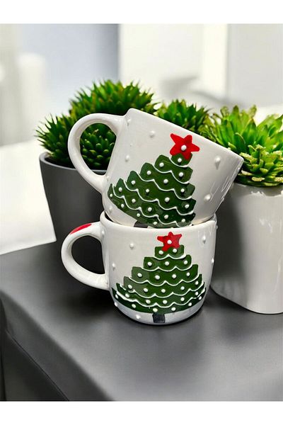 BB TRADE Handmade Christmas Themed Hand Painted Pine Tree Patterned Gift Set of 2 Ceramic Mugs