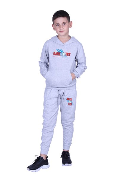 FYK KİDS Hooded Kangaroo Pocket Dare to Try Text Printed Boy's Tracksuit Set