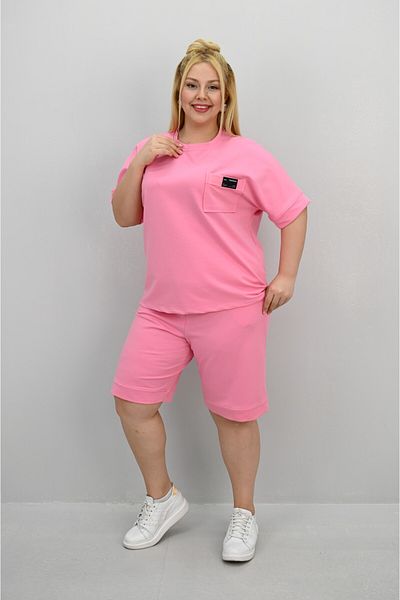 Koza Butik Women's Plus Size Short Sleeve Pocket Detailed Shorts Set 8209-25