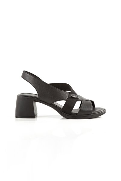 Modabuymus Madleen Siyah Yumuşak Hakiki Deri Kadın Sandalet Kalın Topuklu Ayakkabı