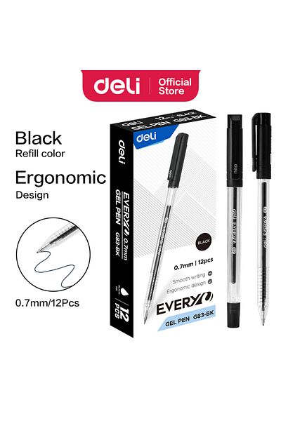 Deli قلم جل ناعم أسود EG83-BK 0.7 مم، 12 قطعة/صندوق - مثالي لاحتياجات الكتابة اليومية