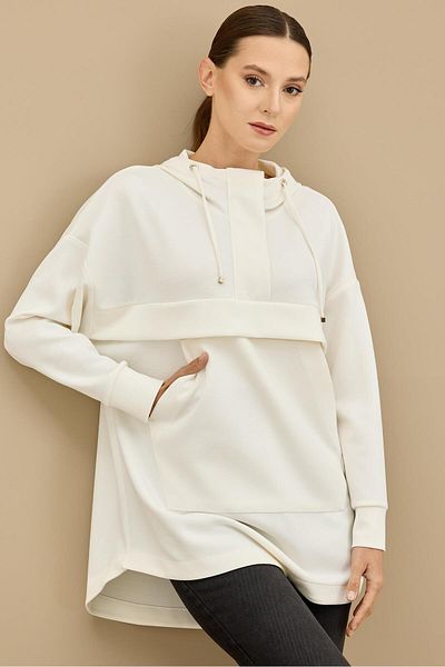 Tığ Triko Ρόμπα με μισή κουκούλα με φερμουάρ Allerli Tunic ECRU