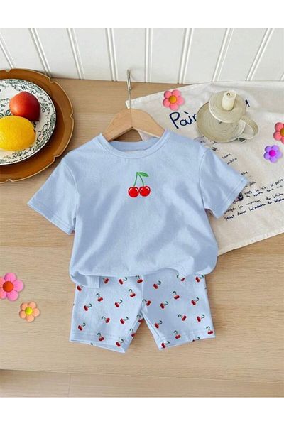 LOUİSA Set pantaloni scurți și tricou pentru fetiță, cu imprimeu cireș, albastru bebeluș