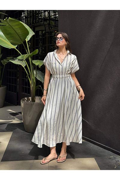 Coral Striped Front Long Dress Ecru - Navy Blue