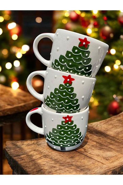 BB TRADE Handmade Christmas Themed Hand Painted Pine Tree Patterned Gift Set of 3 Ceramic Mugs