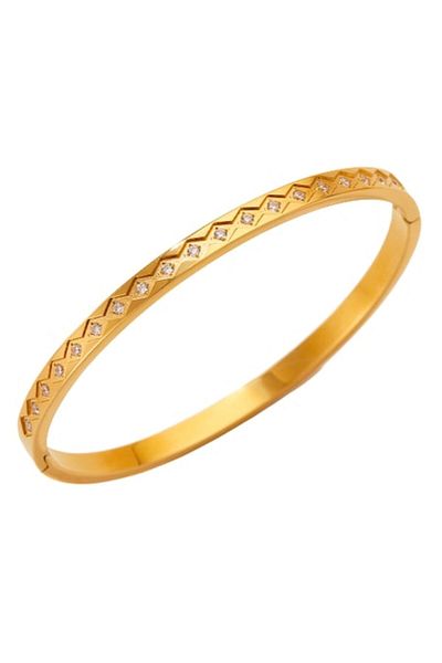 Tessero - Women's Fixed Bangle Bracelet, Slim Model, Zirconium Stones, Stainless Steel, 18K Gold Pla