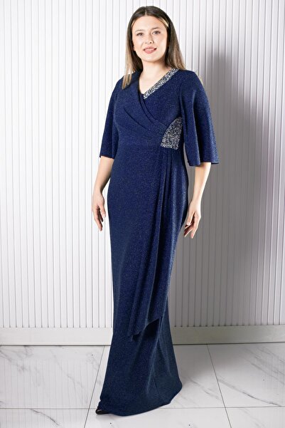 SUBU TASARIM Evening Dress with Stone Print Detail Navy Blue Tbsmda2541