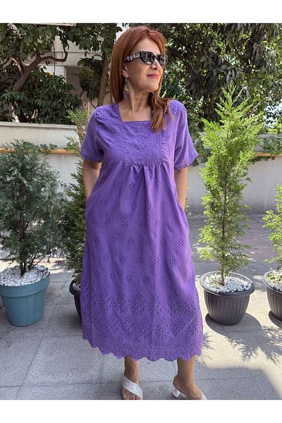 DenizEge Square Neck Brode Dress Purple-46