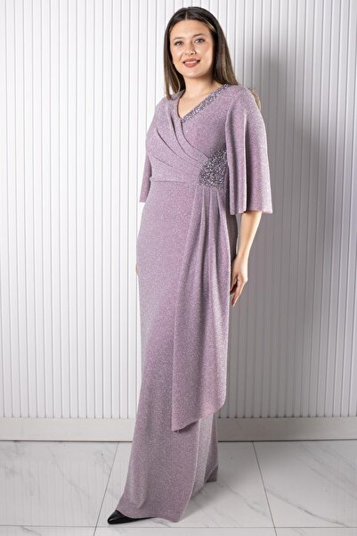SUBU TASARIM Evening Dress with Stone Print Detail Lilac Tbsmda2541