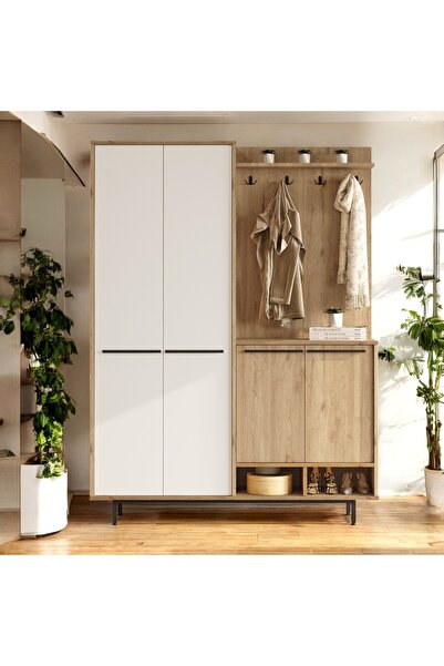 Robin Home Portmanto Vestiyer Ayakkabılık Metal Ayaklı Sepet-Beyaz