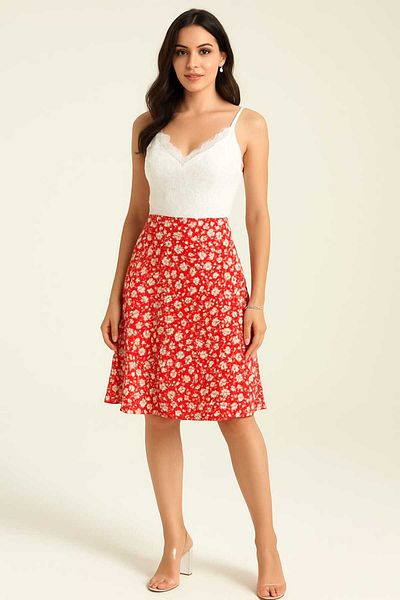 gigigiyim Floral Patterned Wrinkle Fabric Women's Skirt with Elastic Waist Red
