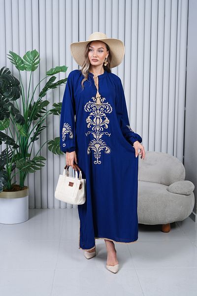 EL jadida Women's Embroidered Pompom Viscose Long Dress Navy Blue