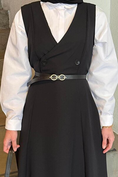 lamelif Αμάνικο Μουσουλμανικό Φόρεμα με Λεπτομέρεια Κουμπιού Μαύρο