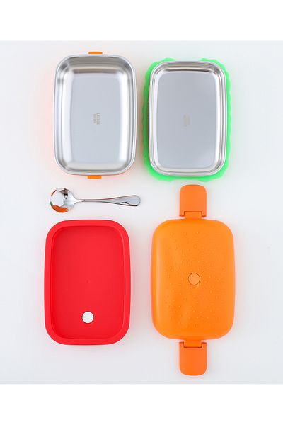 Fab N Funky Kids Burger Theme Lunchbox, Two Compartments, Compact - Orange and Green