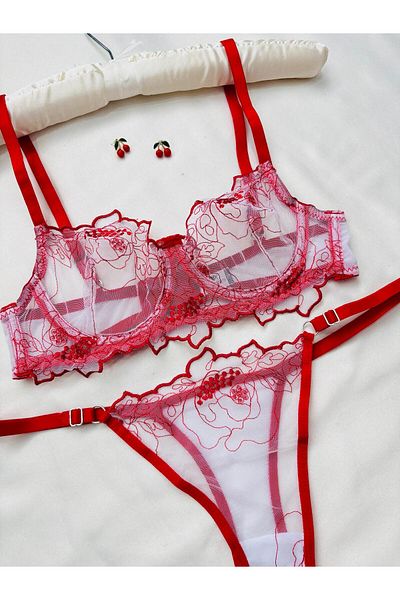 İNKO İÇ GİYİM Floral Underwire Uncovered Tulle Bra Set (Bra Tanga)