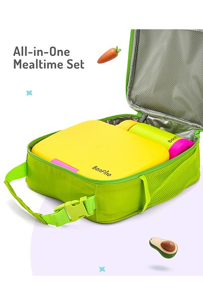 Bonfino Bonfino Lunch Box with Bottle and Lunch Bag, Leak-Resistant, Yellow and Green - 3 Pieces