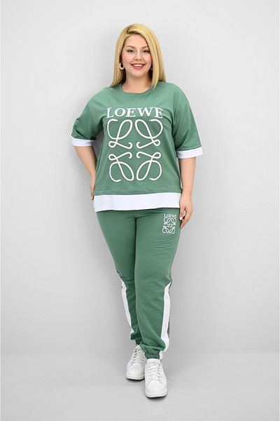 Koza Butik Women's Plus Size Short Sleeve Embroidery Detailed Garnished Tracksuit Set 8192-25