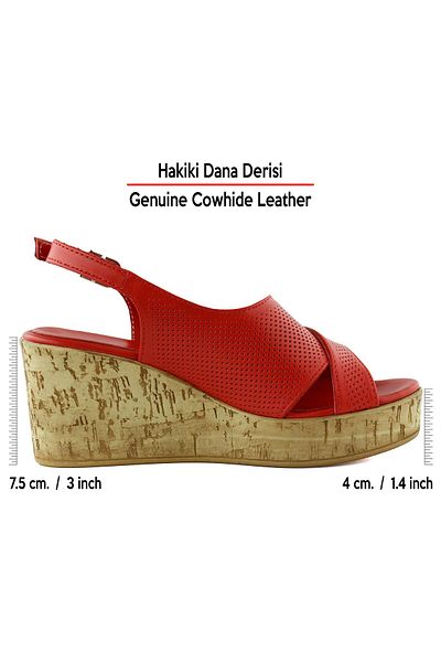Erkan Saçmacı Serie Red Genuine Calfskin Hole Detailed Cork Sole Look Wedge Heeled Sandals