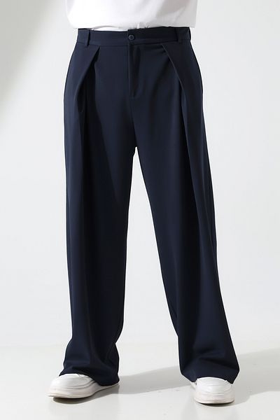 Corradeo Giyim Italian Cut Pleat Detailed Comfortable Fit Navy Blue Color Men's Pallazo Trousers