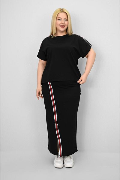 Koza Butik Women's Plus Size Short Sleeve Stripe Skirt Suit 8204-25
