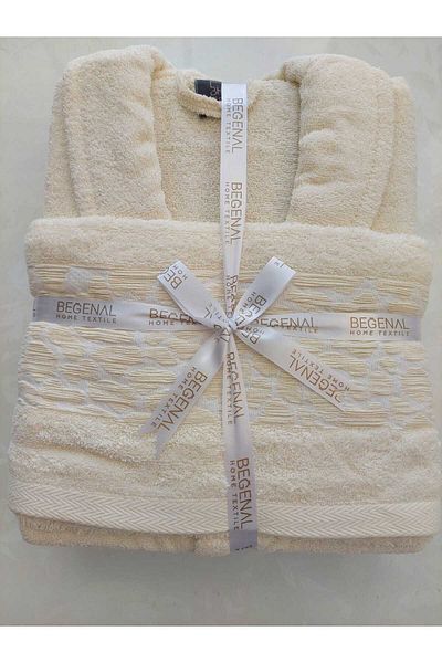 Beğenal Cream Colored 100% Cotton Jacquard Stone Double Bathrobe Set