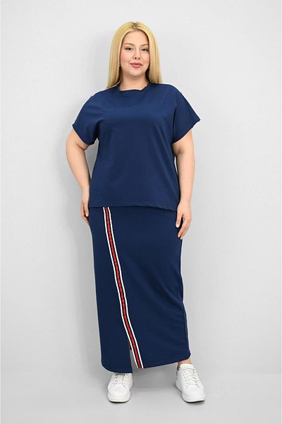 Koza Butik Women's Plus Size Short Sleeve Stripe Skirt Suit 8204-25