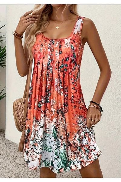 Little Visqon Women's Zero Sleeve Square Neck Front Pleated Loose Single Jersey Dress