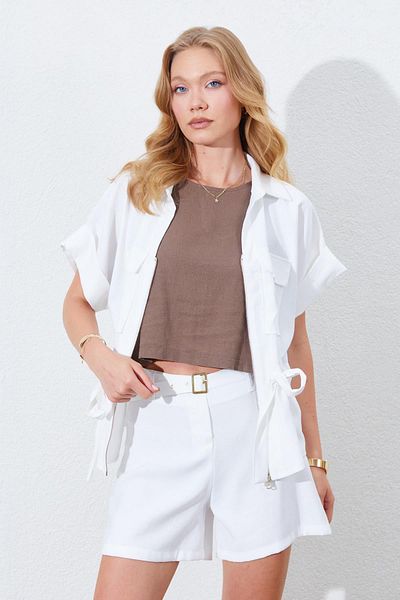 TENA Women's Ecru Double Sleeve Double Pocket Belted Zippered Gabardine Blouse