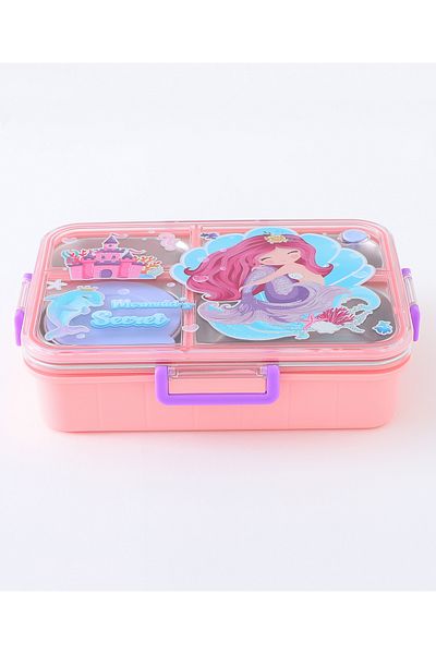Fab N Funky Clip Lock Mermaid Lunch Box with Food Jar, Durable, Lightweight, 4 Compartment - Pink