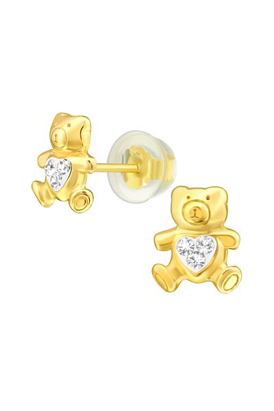 Sophia Collection Children's earrings 925 silver plated with 24k gold, Teddy bear model with premium white crystal