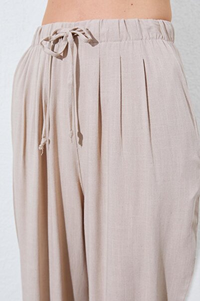 TENA Women's Dark Beige Elastic Waist Carrot Cut Linen Trousers