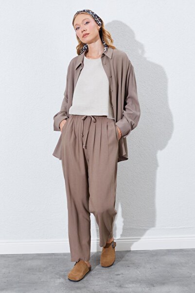 TENA Women's Soil Waist Elastic Carrot Cut Linen Trousers