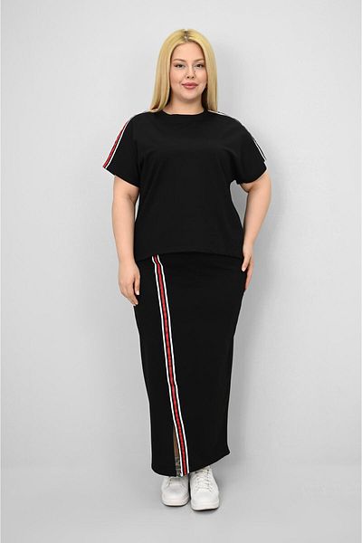 Koza Butik Women's Plus Size Short Sleeve Stripe Skirt Suit 8204-25