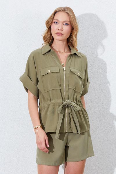 TENA Women's Khaki Double Sleeve Double Pocket Belted Zippered Gabardine Blouse