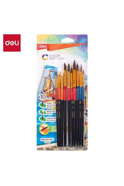 Deli EC407 Brush Set Round Bristle Hair – Ideal for Acrylic and Oil Painting