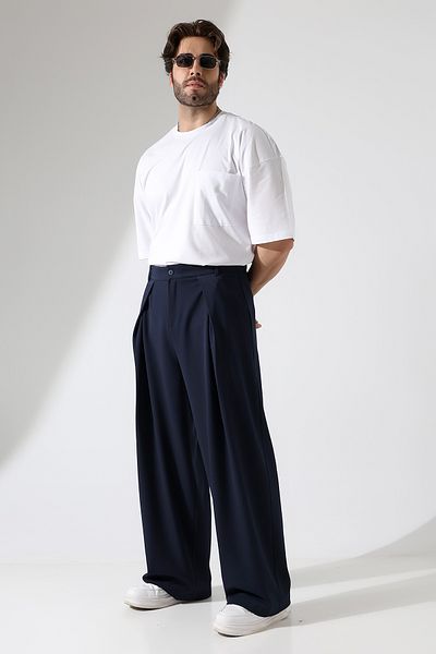 Corradeo Giyim Italian Cut Pleat Detailed Comfortable Fit Navy Blue Color Men's Pallazo Trousers