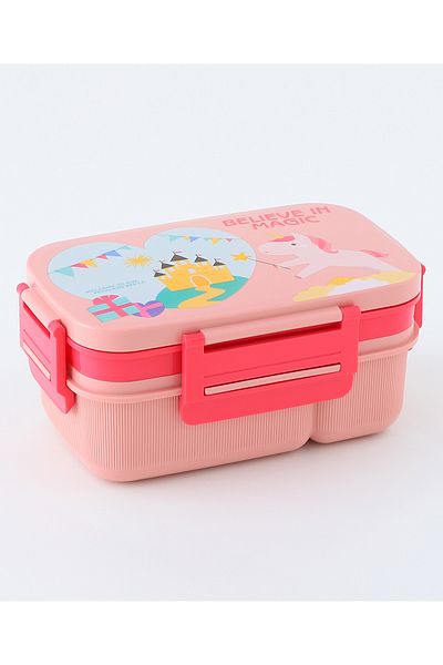 Fab N Funky Unicorn Themed Lunch Box, Durable, Compact, Easy to Use, 3 Years+, 21.8 x 14 x 10.5 cm - Pink